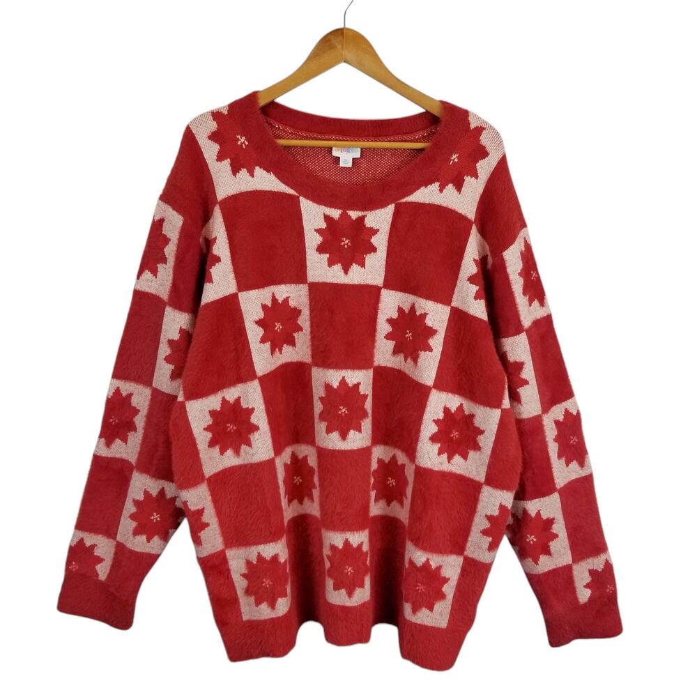Lularoe Women's Berrie Poinsettia Soft Christmas Holiday Sweater Red White XL